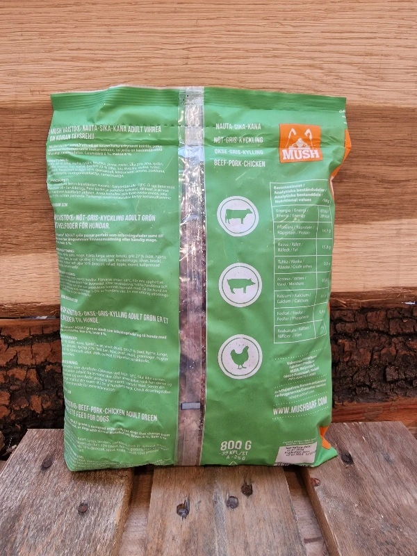 MUSH Vaisto Grøn Okse Gris Kylling 800 g - Naturligt hundefoder med kød og grønt