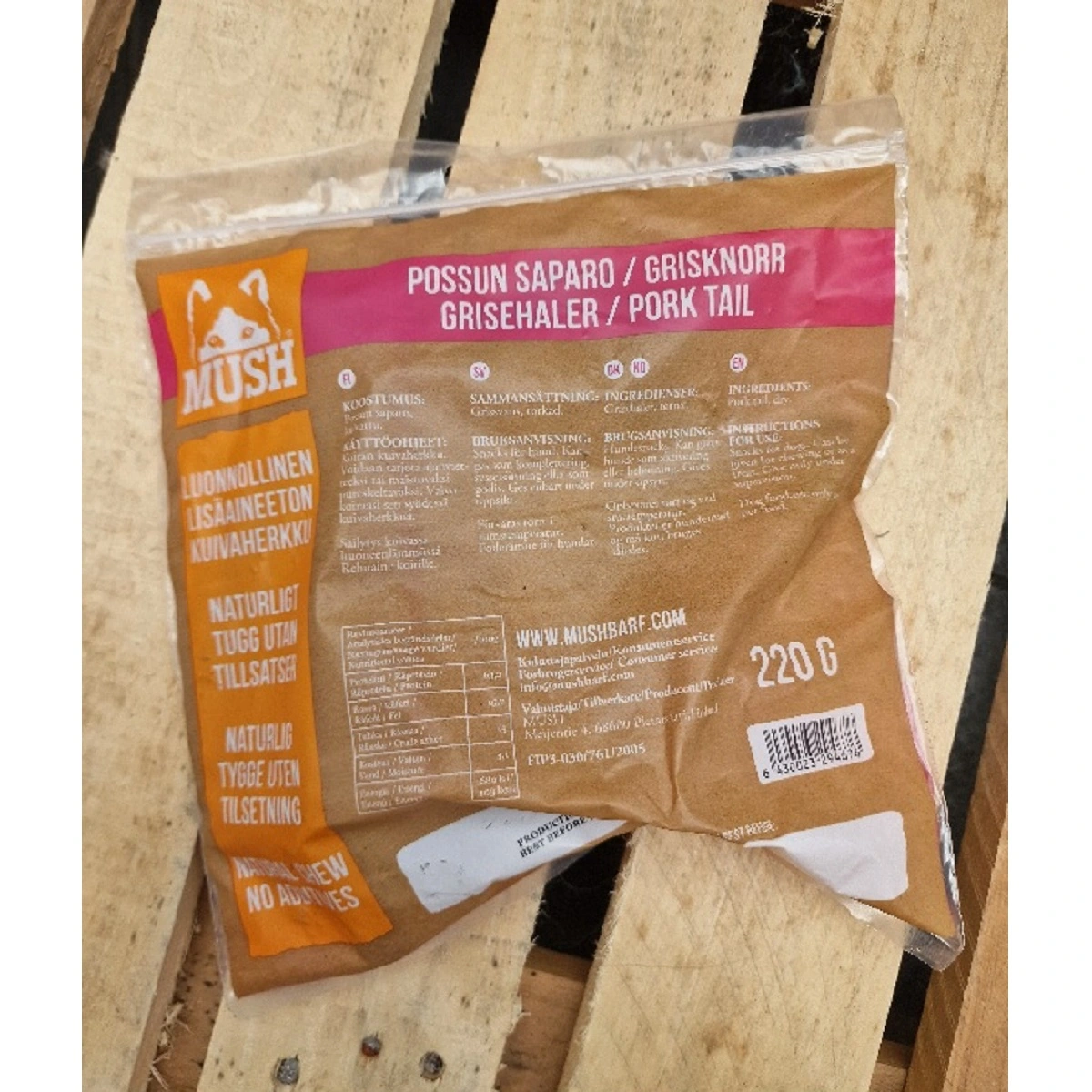 MUSH VAINU Hundesnack Grisehaler 220 g - naturlige tyggeben til hunde