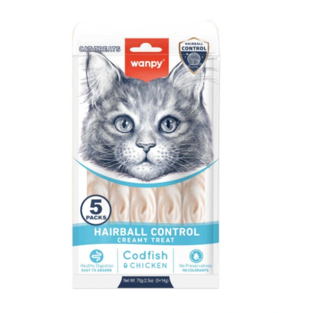 Wanpy Kat Funktionel Cremet Slikbar Godbid Hårbold Torsk & Kylling 70 g (5x14g)