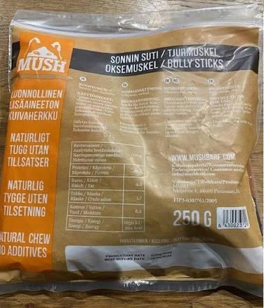 MUSH VAINU Hundesnack Tyremuskel 250 g - naturlige tyggeben til hunde