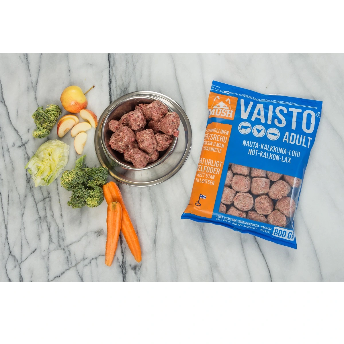 MUSH Vaisto Blå Okse Kalkun Laks 800 g - Naturligt hundefoder