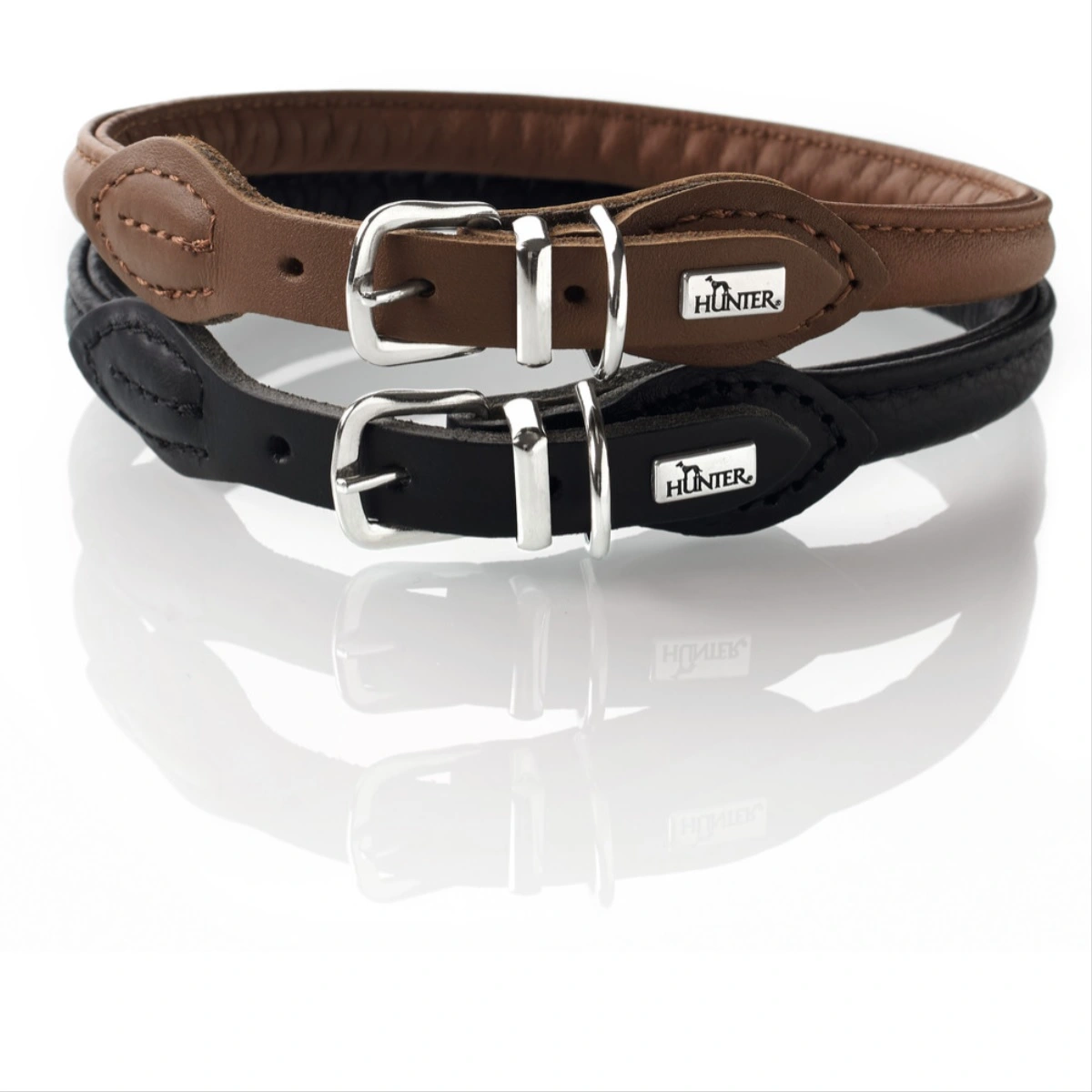 Hunter rundsyet hundehalsbånd okselæder 45/8 sort 45 cm - justering 38-42 cm