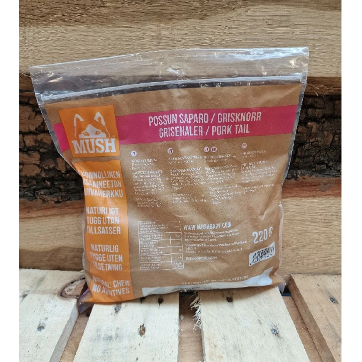 MUSH VAINU Hundesnack Grisehaler 220 g - naturlige tyggeben til hunde