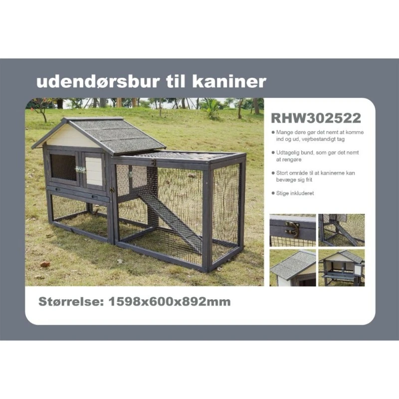 Udendørs Kaninbur med løbegård Grå