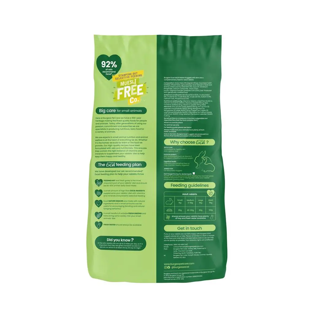 Burgess Excel Rabbit Adult 3 kg - Fuldfoder til voksne kaniner med mint
