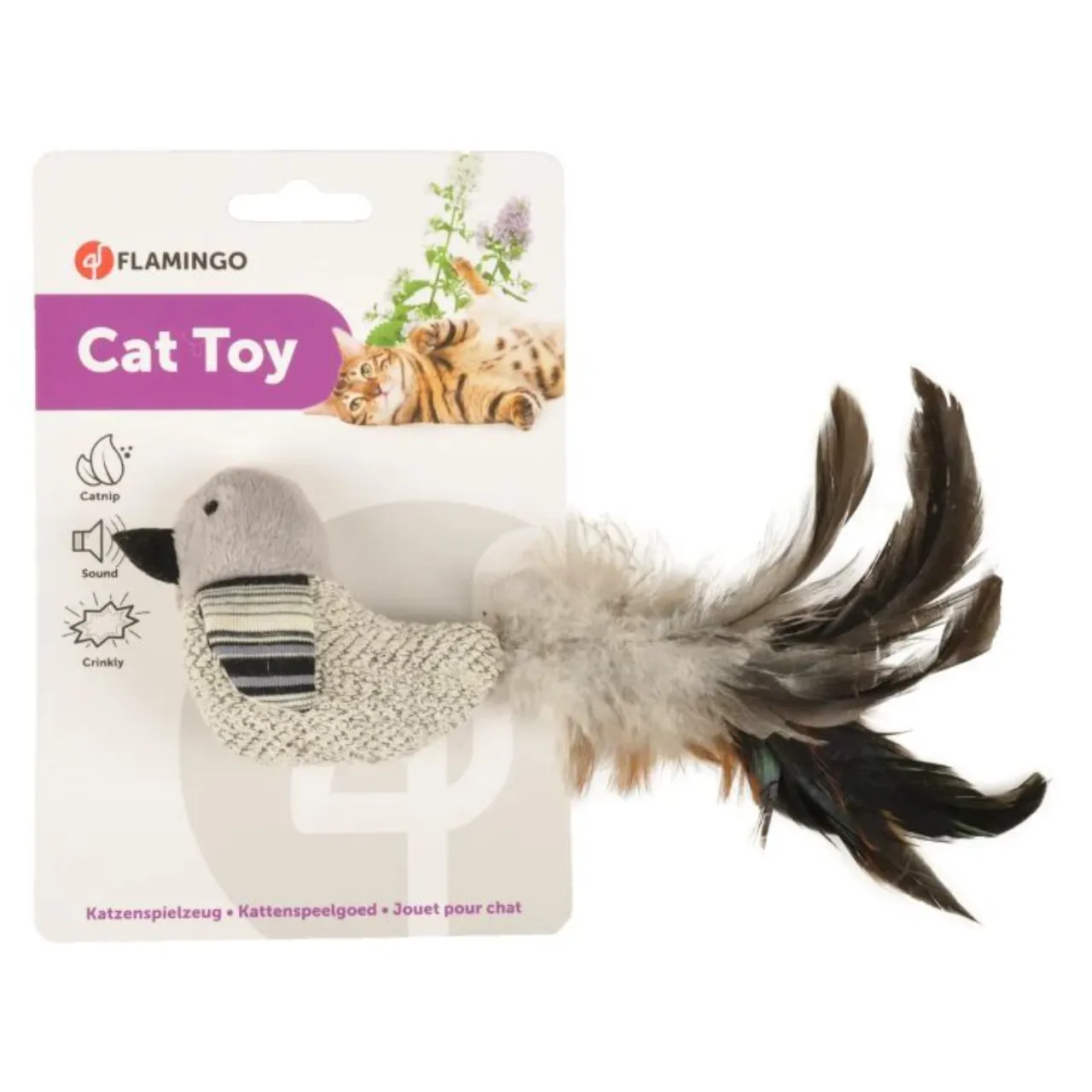 Flamingo Pirin fugl kattelegetøj med fjer, catnip og lyd