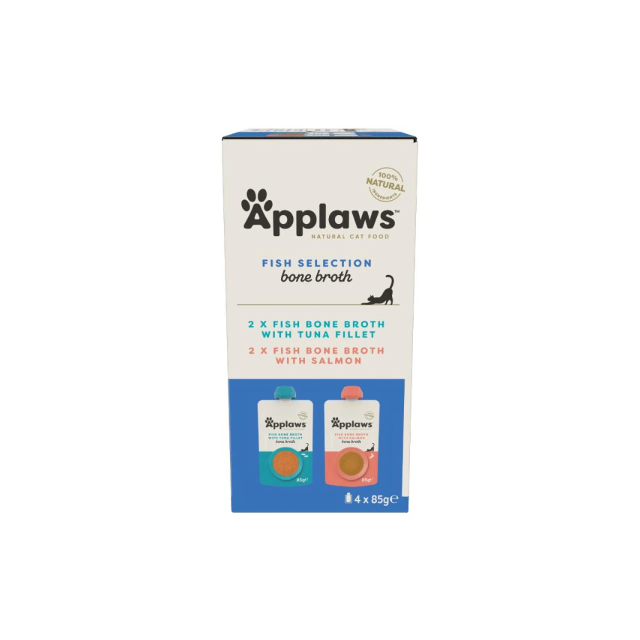 Applaws Kattevådmad Bone Broth tun og laks 4 x 85 g