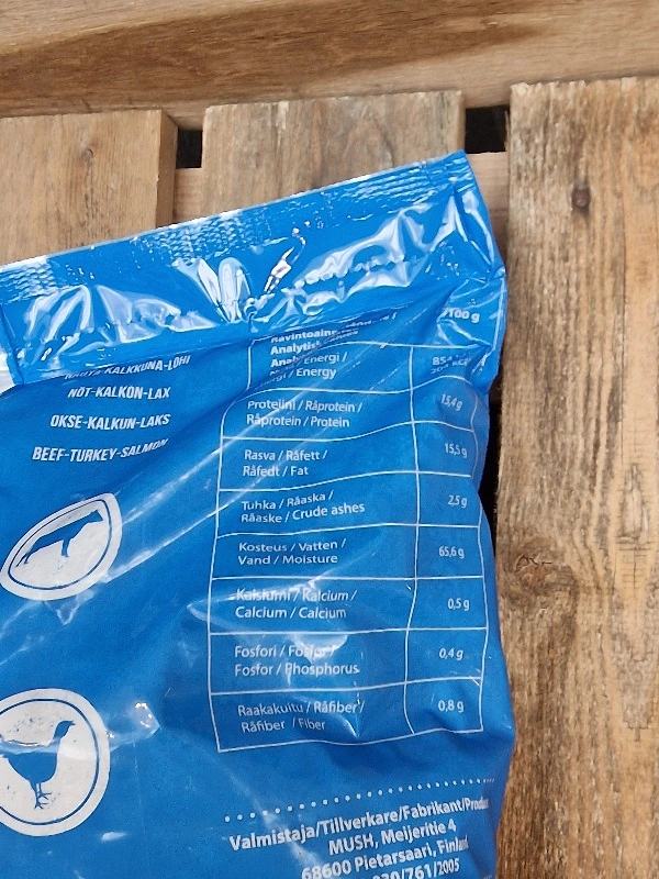 MUSH Vaisto Blå Okse Kalkun Laks - 3 kg råfoder til hund