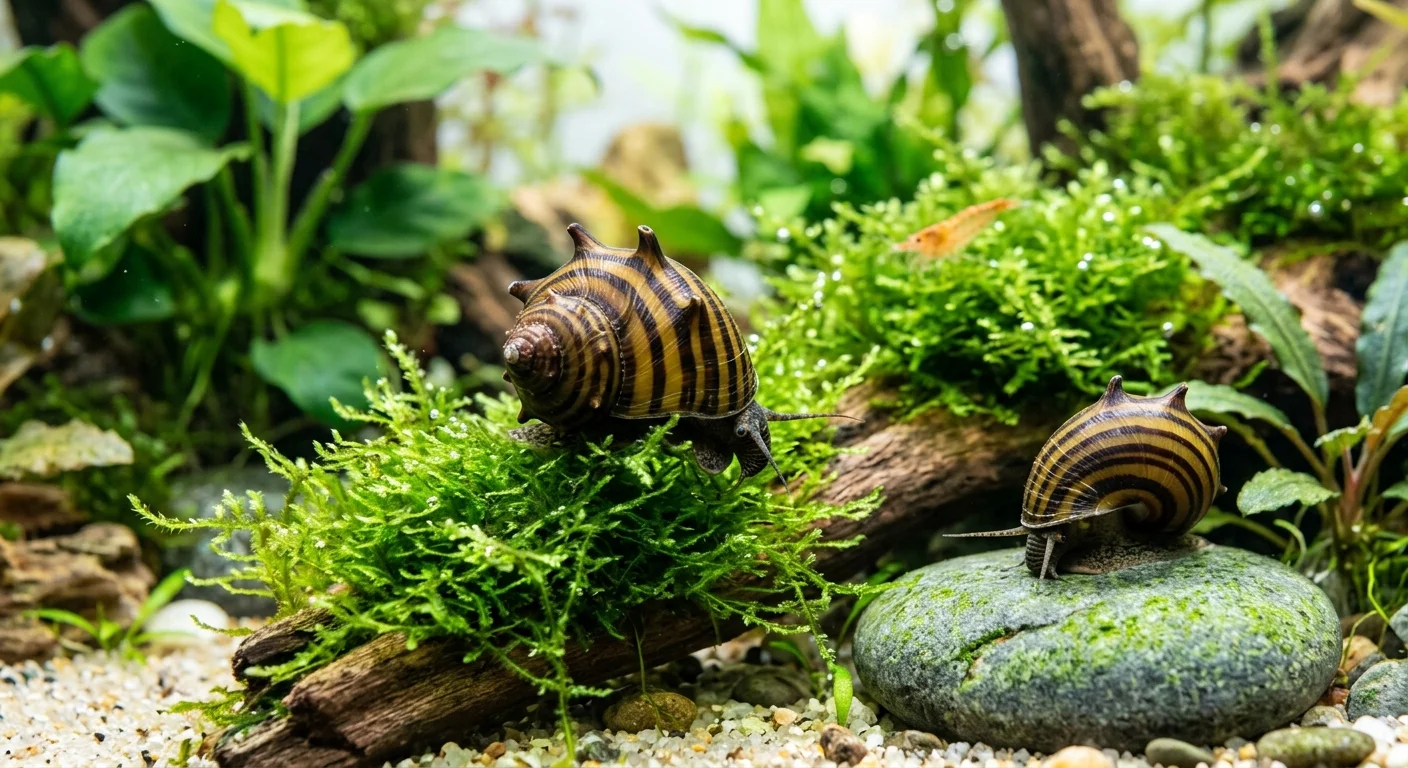 Zebrastripet behåret snegl (Clithon corona) – Den ultimative algespiser til dit akvarium
