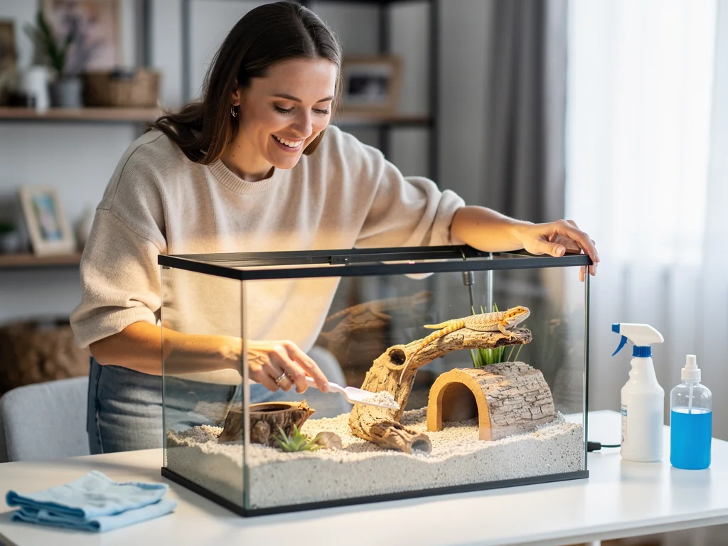 Rengøring, skift af bundlag og hygiejne i terrariet