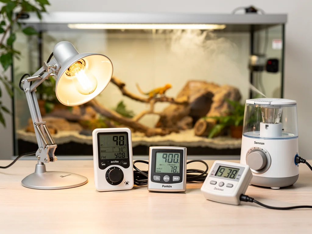 Essentielt udstyr til terrarier: Varmelamper, termometre, hygrometre, termostater og tågeanlæg